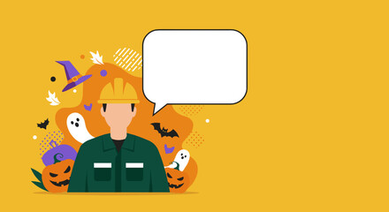 Illustrated worker in a hard hat with festive Halloween elements and a blank speech bubble, perfect for seasonal safety messages or business announcements.