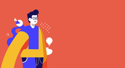 Professional flat illustration of a confident man in glasses with abstract graphics. Ideal for showcasing business communication, data analysis, or innovative ideas.
