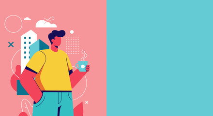 Modern man enjoys a coffee break amidst abstract urban elements, symbolizing daily routine or a relaxed city lifestyle, with ample copy space.