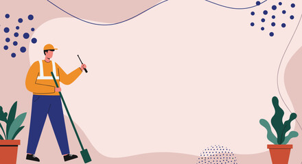 Professional male cleaner maintaining a spotless environment with tools. Ideal for commercial cleaning services, workplace hygiene, or facility management concepts.