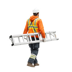 Worker in safety gear carrying ladder, ready for work.
