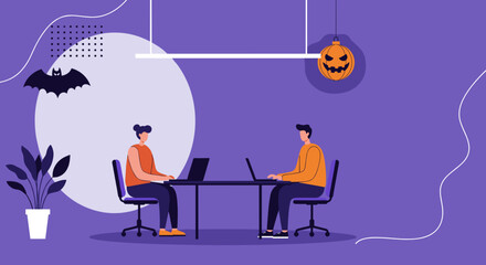 Colleagues working on laptops in a modern office space, decorated with Halloween elements for a festive seasonal atmosphere, ideal for business themes.
