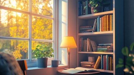 Cozy autumn morning in a window seat with bookshelves