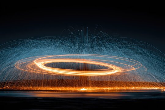 Circular light trails at night, radiating outwards from a central point