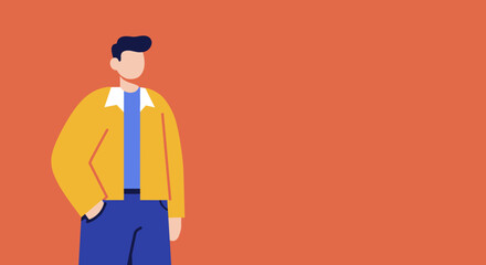 Modern flat design illustration of a casual man, hand in pocket, against a vibrant orange background. Ideal for business, lifestyle, or marketing visuals.