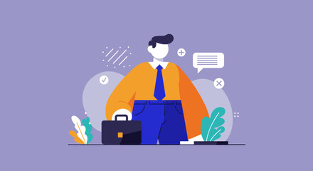 Professional businessman with a briefcase, surrounded by abstract elements representing tasks, communication, and decision-making. Ideal for business, strategy, and work concepts.