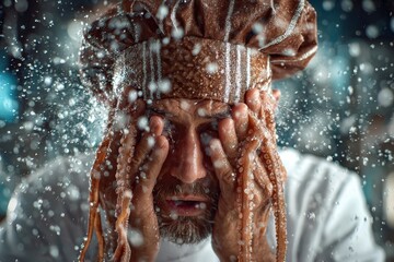 Chef Struggling with Stress in a Busy Kitchen Under Water Spray