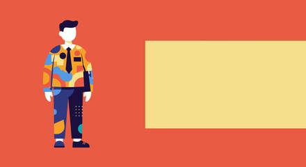 Modern illustrated businessman in a vibrant, abstract suit on a red background with yellow copy space. Represents creativity, innovation, and unique business style.