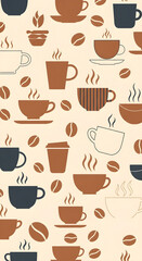 A seamless pattern featuring various coffee cups, coffee beans, and steaming beverages, rendered in warm brown and dark blue tones on a cream background.
