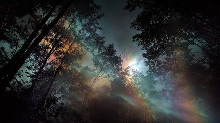 Mystical Forest Canopy at Dawn, Abstract Light Streaks.
