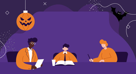 Diverse professionals or students collaborating on a project in a modern, festive Halloween-themed office or study environment.