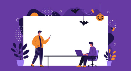 Two male colleagues in a modern office with Halloween decorations, one presenting on a blank screen while the other works on a laptop. Ideal for business, training, or festive work themes.