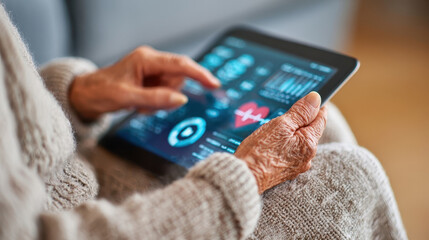 Elderly woman using digital tablet with health app showing medical data
