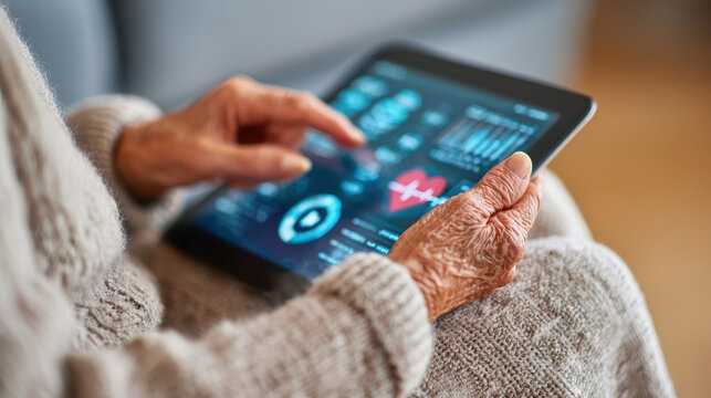 Elderly woman using digital tablet with health app showing medical data - Powered by Adobe