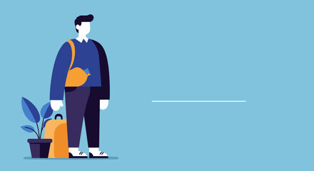 Modern flat design illustration of a casually dressed man with a bag and backpack, alongside a potted plant. Ideal for travel, education, or lifestyle content.