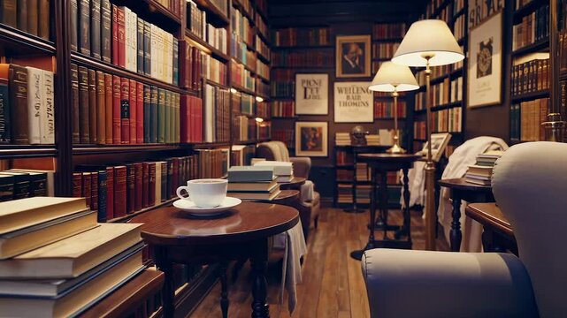 Library hall glows with warm lamp light, library offers shelves of deep knowledge, visitor feels peace inside library filled with stories, concept lifelong learning.