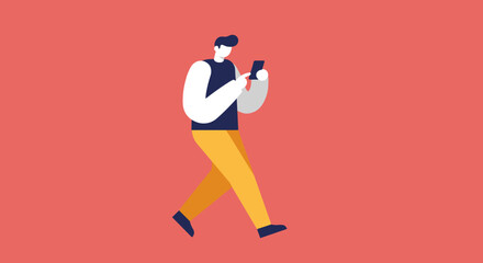 Modern man walking and actively using his smartphone, representing digital communication, mobile technology, and connectivity. Ideal for lifestyle, business, or social media concepts.