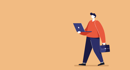 Professional man walking with a laptop and briefcase. Represents mobile work, business communication, career, and digital entrepreneurship. Ideal for corporate, tech, or lifestyle themes.