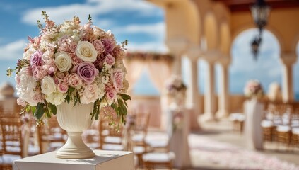 Romantic floral arrangement at outdoor wedding ceremony