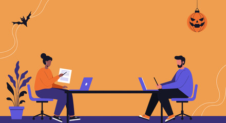 Professionals working in a festive Halloween-decorated office. Colleagues collaborating on projects, showcasing productivity and seasonal cheer in a business setting.