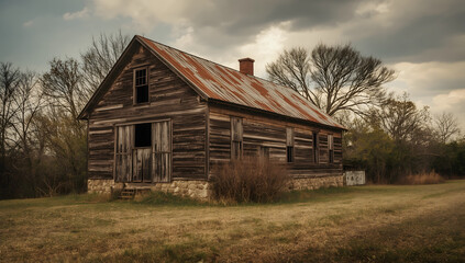 old rustic building with weathered wooden walls, worn stone foundation, and a faded metal roof, surrounded by overgrown vegetation and trees, with a large wooden door, old windows, and a chimney