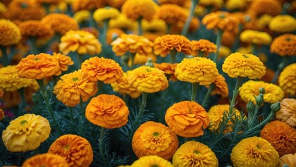 Colorful yellow and orange marigold flowers in a garden bed.