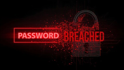 A digital illustration featuring the bold text 'PASSWORD BREACHED' in red, surrounded by graphic elements symbolizing cybersecurity threats.