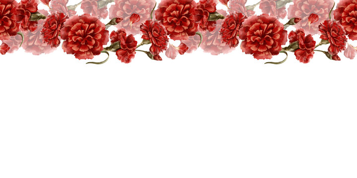 Seamless border of red carnation flower as a symbol who died in the world war,respect and congratulations to veterans,day of remembrance and mourning.Isolated Watercolor clipart in vintage style