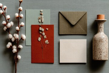 Flatlay of stationery, dried flowers, and bottle