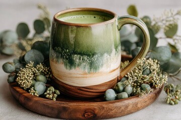 Green matcha latte in a handcrafted ceramic mug, resting on a wooden tray adorned with eucalyptus