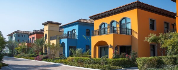 Fototapeta premium Colorful stucco finish traditional private townhouses. Residential architecture exterior, Generative AI