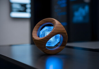 Stunning futuristic crystal cube encased in smooth wooden sphere glows with vibrant blue light, a modern tech artifact symbolizing innovation and cutting-edge design