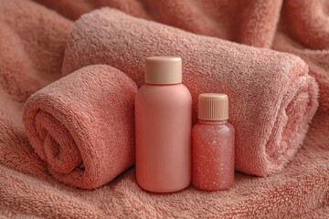 Pink bottles and rolled towels on a plush surface