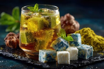 Iced tea drink with colorful ice cubes and matcha powder