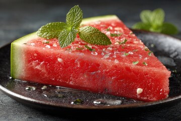 A juicy watermelon slice, garnished with mint and a sprinkle of salt, rests on a dark plate