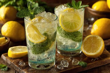 Two refreshing lemon-mint drinks on ice