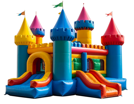 Angled Side View of Inflatable Castle with Slide and Entrance, Playful Perspective, isolated on Clear PNG or White Background