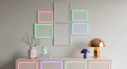Modern Living Room Display with Neon Frames and Decorative Objects interior home decor
