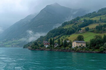 Misty mountain lake, houses on shore
