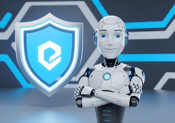 Futuristic robot guardian protecting digital data with a glowing shield in a modern tech environment, exemplifying cutting-edge cybersecurity and AI solutions for business innovation
