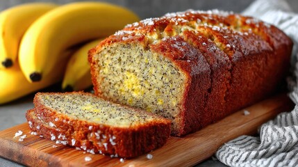Loaf of banana bread, sliced, on wooden board