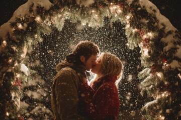 Couple kissing under holiday arch of lights with gentle snow and soft bokeh