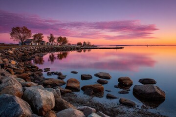 Serene sunrise over calm water, reflecting vibrant pastel sky; rocky shoreline in foreground