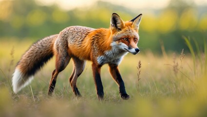 Fototapeta premium A fox in a grassy field during daylight with a blurred background.