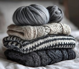 Stacked cozy sweaters and yarn