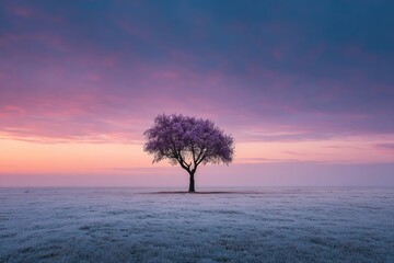 Solitary tree in a frosty field at dawn, pastel sky