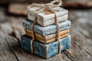 Stacked small, rustic, painted boxes tied with twine