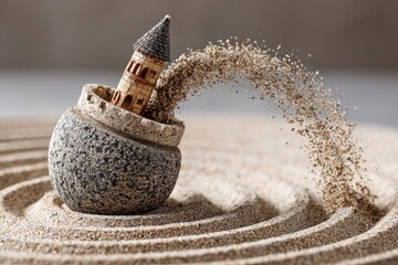Miniature castle crumbling into sand, swirling design