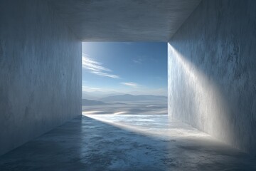 Sunlit concrete cube reveals distant mountains