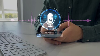 AI assistant voice chat interface. Digital communication, speech recognition, and smart technology enabling natural conversation.Person interacting through microphone with AI Agent voice chat - Powered by Adobe